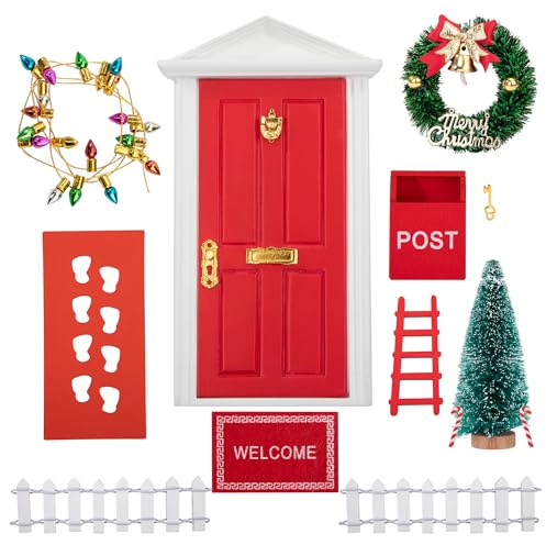 Kit Porte Lutin de Noël, Lutin Farceur de Noel, Miniature DIY Ensemble D'accessoires Maison De Poupée, avec Sapin de Noel, Couronne, Echelle, Clôture, Tapis, Decoration Cadeaux Enfants