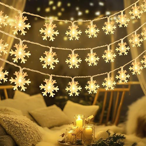 LED Schneeflocke Lichterketten, 6M 40 LED Lichterkette batteriebetrieben, Indoor Weihnachten dekorative Schnee Lichterkette für Schlafzimmer, Halloween, Garten, Party, Patio, Urlaub, warm weiß