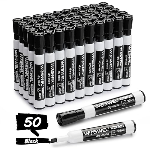 WOSWEL Dry Erase Markers Bulk, Chisel Tip Whiteboard Markers, Low Odor Thick Dry Markers, 50 Black Color for Teachers, Classroom, Office & Home Use