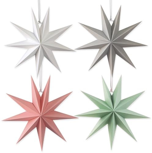 JSTHHTT 4 Pezzi Paper Star Lantern, 9 Punte Stelle Carta da Appendere, Addobbi Natalizi Stella, Stella di Carta 30 cm, 3D Stelle di Carta, per Decorare Natale, Matrimonio, Festa