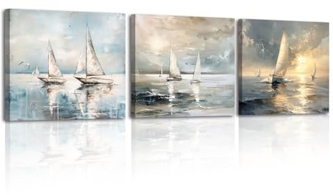 Piy Painting Cuadros En Lienzo De Velero, Impresión En Lienzo Océano, Póster Decoración Moderna Amanecer, Fácil De Colgar Para Sala De Estar Despacho Sala De Reuniones Entrada, 3 Piezas 30x30cm