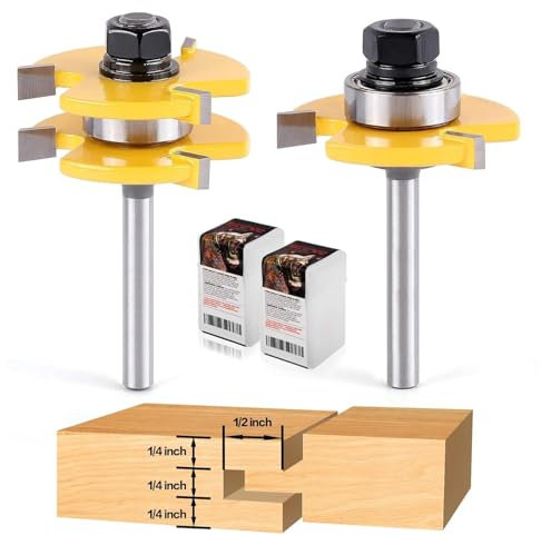 Lot de 2 fraises à rainure et languette avec tige de 6,35 mm – 2 forets pour tige de 1,9 cm, profondeur de coupe de 1,27 cm – Outil de fraisage à bois en forme de T à 3 dents