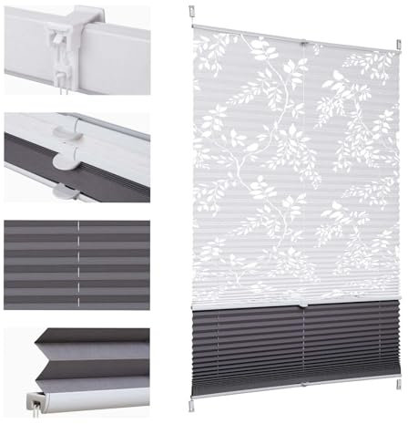 Sekey Plissee Doppelplissee Day+Night Verdunkelung ohne Bohren verspannt Lichtschutz Klemmfix Lichtdurchlässig Ausbrenner-Muster 105x130cm Druck & Grau