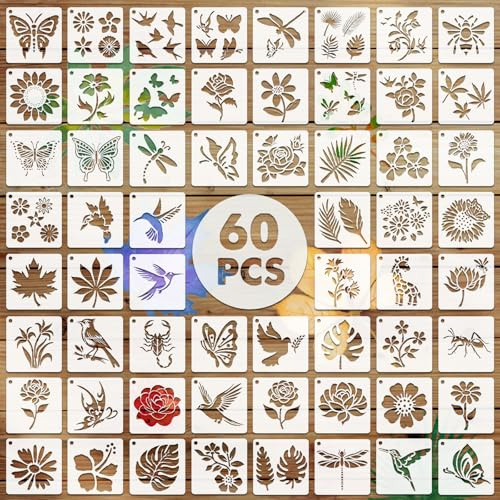 EAPIKON 60 Pezzi Stencil Fiore per Pittura, 7,6cm Art Modello di Foglie Uccello da Muro da Pitturare, Stencils Diseños Riutilizzabile per Mobili Legno Tessuti Decor