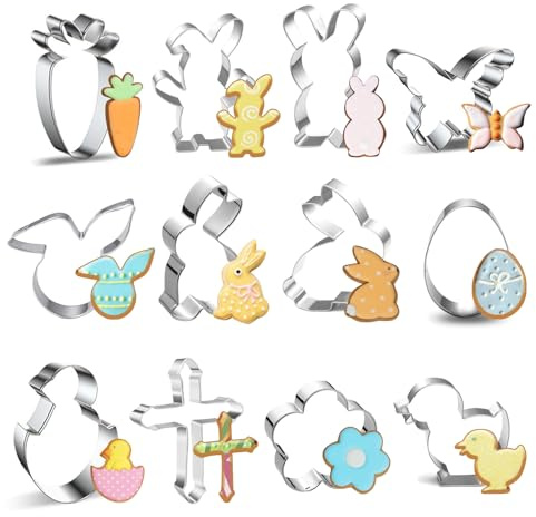 YeaHapiday 12PCS Easter Cookie Cutters, 403 Stainless Steel Easter Cookie Cutters, Reusable Easter Biscuit Cutters Set, Egg, Chick, Rabbit Face for Baking Cakes, Biscuits,Easter Party Decoration