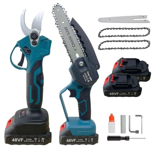K2 STORE Kit Potatura a Batteria 2 in 1 Forbici e Mini Motosega 6 Elettriche con 2 Catene 6 Pollici e Barra Di Guida, Ideale per Giardino, Rami, Arbusti e Vigneto