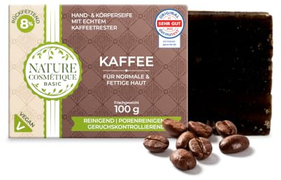 Nature Cosmétique® Basic Hand- & Körperseife KAFFEE (Würzig, Nussig) – porentiefe Reinigung & Geruchskontrolle für Mischhaut, Empfindliche Haut – vegan, bio, ohne Mikroplastik – Naturseife, Peeling