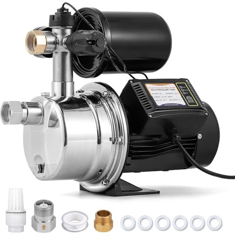 Hanchen 2-in-1 Hauswasserwerk Selbstansaugend Brunnenpumpen (550W, 4000L/H, Druck max. 2,8 bar, Förderhöhe max. 36m, Ansaughöhe: max. 7 m) mit Druckschalter und Manomete