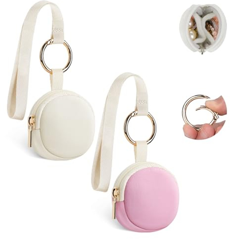 2 Mini Bolsa para Joyas Joyero Viaje para Mujeres Niñas Cajitas Regalo Navidad Cumpleaños Aniversario Pequeño Bolso de Capa de Aire Organizadora Pendientes Anillos Cadenas 5,8*5,7*2,1cm(Beige&Rosa)
