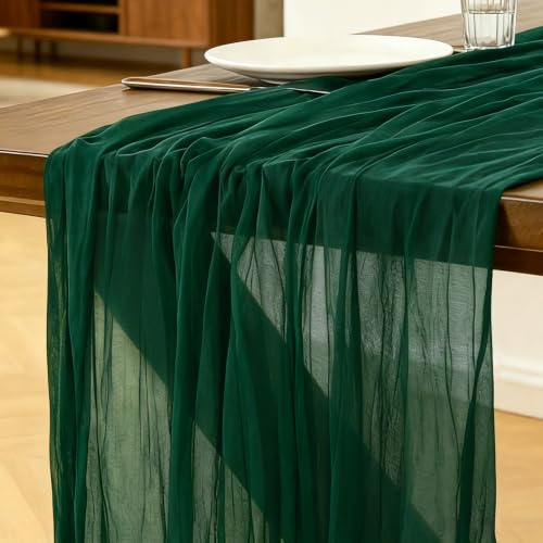 Camino de Mesa Verde Oscuro, 300 X 90 CM Camino de Mesa de Gasa Bohemio para Bodas, Fiestas, Navidad Nochevieja, Baby Showers y Despedidas de Soltera, Decoración de Mesa de Cocina