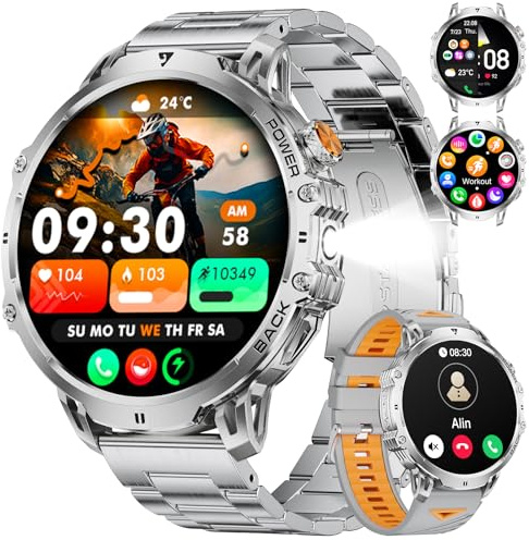 LIGE Military Smartwatch for Men-Bluetooth Calls,1.85Fitness Tracker with 1000mAh Battery/LED Flashlight/Heart Rate/Sleep Monitor,100+Sports Modes,IP68 Waterproof Smart Watch for Android IOS, Silver