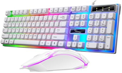 Ensemble Clavier et Souris Filaires USB Blanc 104 Touches Abs | Rétroéclairage LED Coloré, Design Ergonomique, Touches Flottantes, Trous D’évacuation Clavier