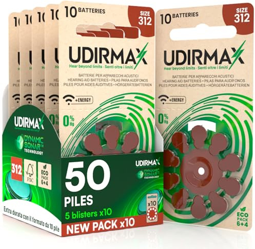 50 Batterie per Apparecchi Acustici PR41 Misura 312 (Marroni) Pile Udirmax Zinco-Aria 0% Mercurio 1,45V Eco Pack - 5 Blister Ecologici da 10 Pile