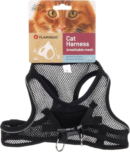katzengeschirr - Step&Go Berta schwarz L - 30-34 cm / 48-52 cm - Nylon mit atmungsaktivem mesh und reflektierenden Streifen