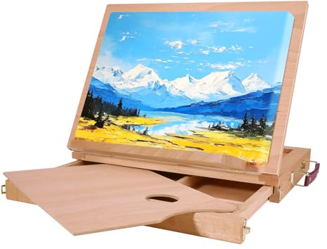 Wooden Table Easel Box with Storage Drawer – Adjustable Beechwood Artist Drawing Stand, Portable Folding Sketch Board for Painting, Display & Drafting (Beige 36D x 6.5W x 26.5H)