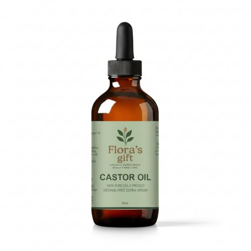Flora's Gift Organic Castor Oil 50ml Glass Bottle 100% Pure Cold & Fresh-Pressed For Dry Skin & Hair Growth, Eyelashes & Eyebrows Hexane Free Natural Food-grade Sustainably Sourced