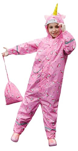 KAKU NANU Puddle Suit flickor pojkar regndräkt vattentät allt i ett vattentätt hängselbyxor Onesie 1–9 år rosa blå, ROSA, 134-146