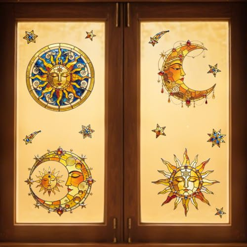 Peacoblue Sun and Moon Window Decals, Large Static Cling Sticker | 47.2x11.8 Inch Double Sided Window Cling, Waterproof Removable Glass Sticker for Home Office Classroom Decoration