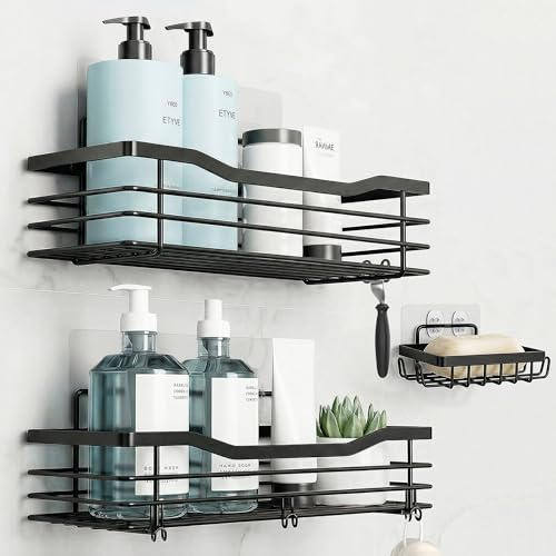 Zor Ventures Shower Caddy 3 Pack No Drill – Self Adhesive Bathroom Caddy, Wall Mounted Shower Organiser with Shelf & Rack, Soap Holder & Hooks, Rustproof Stainless Steel Shower Storage, Black