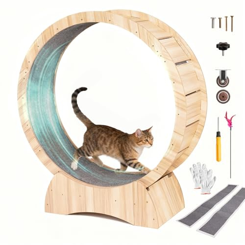 110cm/43.3 Cat Wheel for Indoor Cats, Large Wood Cat Exercise Treadmill | 2 Detachable Carpeted Runways, Quiet MDF Design, Safety Lock, Stable Fitness Wheel, Supports Cats Up To 11 kg
