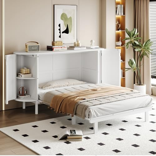 MSMOK Schrankbett 140 x 200 cm,Weiß, Wandbett mit Lattenrost, Wandklappbett, vertikales schrankbett mit Lattenrost, mit Staufächern, Rattan-Design, Holzbetten, Jugendbetten, Einzelbetten