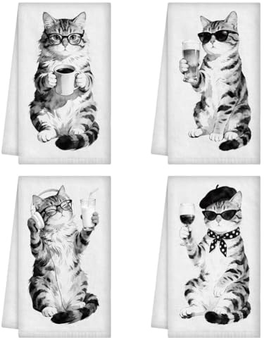 WADORN 4 Stile Lustige Katze Küchentücher, Niedliche Katze Geschenke für Frauen Männer Geschirr Tee Handtuch Wiederverwendbar Dekorativ Handtücher Weiche Geschirrtücher 40x60cm für Badezimmer Deko