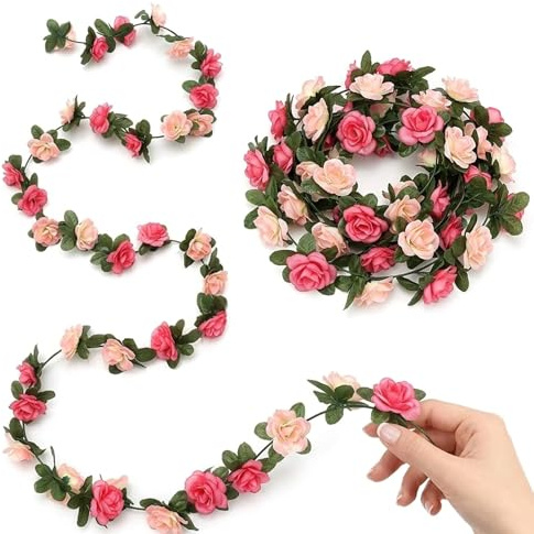 Rndqw 2 PCS Flower Garland, Spring Garland and Floral Garland Decoration, Two Pink Rose Garlands with Artificial Flower Vines for Home Decor
