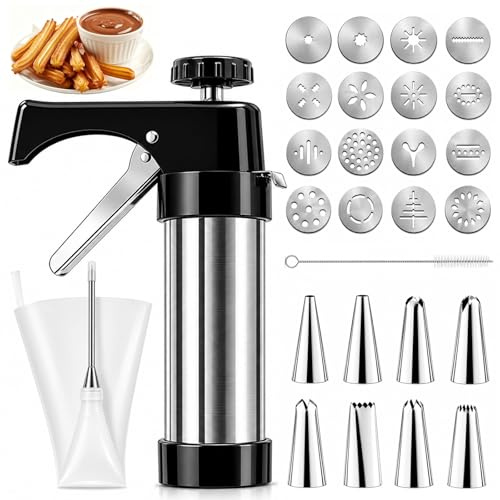 Luhuuxmu Prensa de repostería de acero inoxidable con 16 plantillas y 8 boquillas, prensa para galletas y galletas, versátil accesorio para hornear galletas, pasteles y postres DIY (DIY Cookie Maker)