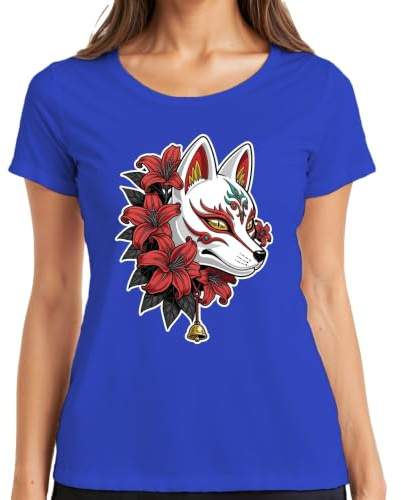 Kitsune Maschera Giappone Volpe Giglio Rosso Tattoo Maglietta da Donna, Blu, L