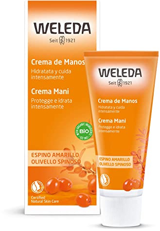 Weleda Crema Mani Olivello Spinoso, di facile assorbimento, nutre e idrata la pelle delle mani per un effetto vellutato, piacevole fragranza di mandarino e pompelmo (1X50 ml)