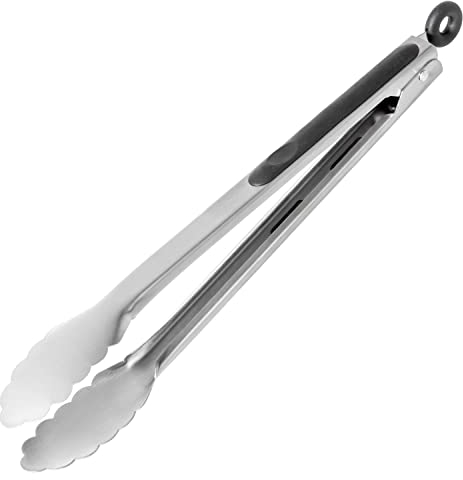 Dimono® Premium Grillzange Küchenzange Gourmetzange aus Edelstahl 34 cm Lange BBQ-Zange mit Silikon Griff zum Grillen, Kochen, Backen & Servieren (Edelstahl)