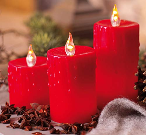 hellum LED Wachskerzen 3 Stück, Ø 6,5cm x 6,5+9,5+12,5cm hoch, LED Kerzen rot flackernde Flamme und Stecker, Echtwachs, Weihnachtsbeleuchtung Deko 571929