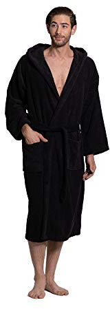 Turkuoise Men's Turkish Terry Cloth Robe, Thick Hooded Bathrobe Black, Large