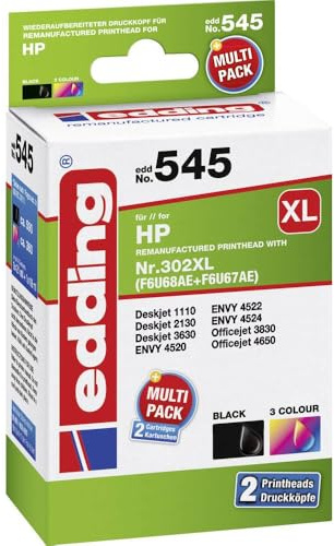 edding Druckerpatrone EDD-545 - Multipack 2 - Schwarz, 3-Farbig - 1x 21 ml + 1x 16 ml - Reichweite 1x 590 1x 360 Seiten - Ersetzt HP 302XL/302XL (F6U68AE/F6U67AE)