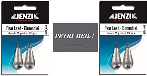 .Jenzi Set: 2 paquetes de plomo de pera, 35 gramos, 2 x 2 unidades, con espiral/ojal + pegatina Petri Heil!