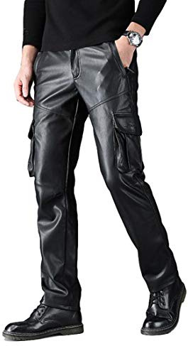 Idopy Men`s Multi Pockets Motorcycle Workwear PU Faux Leather Cargo Pants Black/32
