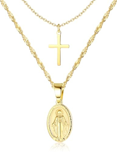 CASSIECA 2 Stück Kette Layered Damen Katholische Gold Halskette Singapurkette mit Anhänger Holy Mary Medaillon Medaille & Kreuz Religiöses Amulett Kommunion für Frauen Mädchen