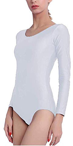 Carnavalife Bodysuit Balletttrikot für Damen, langärmlig, Rundhalsausschnitt, Tanztrikot für Mädchen, für Tänzerin, Gymnastik, bitte beachten Sie die Größentabelle vor dem Kauf, weiß, 38