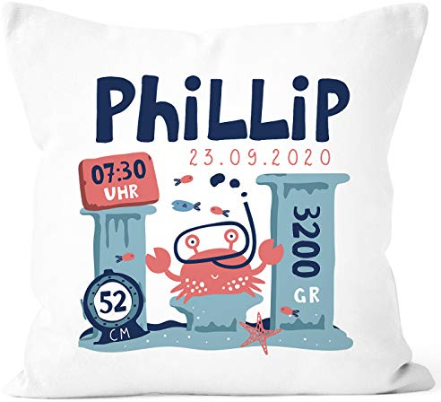 SpecialMe® personalisierbare Kissen-Hülle zur Geburt Unterwasser-Welt Namenskissen Geschenk Geburt Baby Krebs weiß Unisize