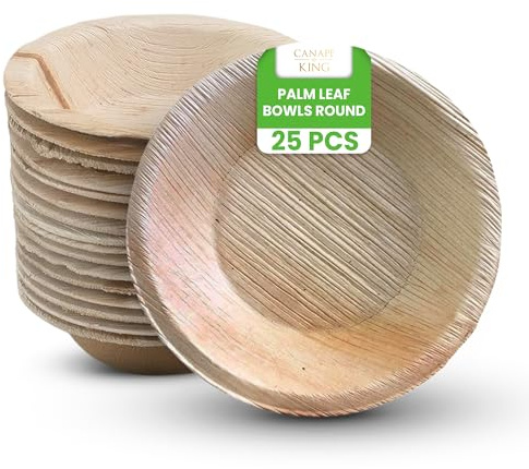 Canapa King 25 pcs Disposable Palm Leaf Bowls | Eco-Friendly 5'' (14cm) Round Dessert Serving Bowl | Biodegradable Wooden Bowl for Hot & Cold Food | Heavy-Duty Salad Bowls