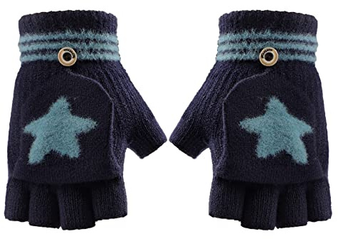 FakeFace Fäustlinge mit Knopf Klappe Fingerlose Halb Handschuhe für Kinder Winter Warm Strickhandschuhe Fingerhandschuh Winterhandschuhe 2-6 Jahre alt Jungen Mädchen