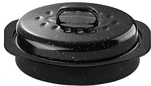 DIMESHY 13Inch Roasting Pan, Enamel on Steel, Black Covered Oval Roaster Pan with Lid, Small Cookware for Turkey, Small Chicken, Roast Baking Pan.
