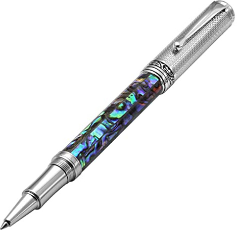 Xezo Maestro Rollerball Pen, Fine Point. Pāua Abalone Sea Shell Inlay with Chrome Plating. Handcrafted, Limited Edition, Serialized. No Two Pens Alike