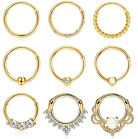 Kakonia 9Pcs Septum Piercing 16G Daith Orecchini Cerchio Anello al Naso per Donna Uomo CZ Opale Setto Clicker Anello al Naso incernierato Acciaio Inossidabile Cartilagine Trago Helix Piercing