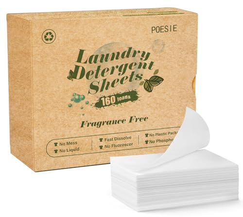 Poesie Hojas de detergente para ropa, sin fragancia, sin plástico, precortadas, cero residuos, 160 hojas de lavado sin líquido para el hogar, dormitorio, viajes, camping, senderismo, portátil