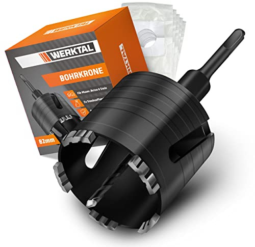 WERKTAL - Punta per trapano SDS Plus da 82 mm [5 denti in carburo di XXL] – Punta per lattine da incasso e prese in muratura, pietra, cemento, muro a secco – Presa a corona con 5 sacchetti