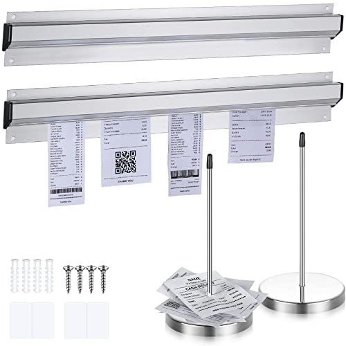 Photect 4 Stück Tickethalter Set für Restaurants inklusive 2 Edelstahl Beleghalter Zettelspießer und 2 Aluminium Schieberegalschiene für Restaurants Cafés Küchen (Silber, 15,8 x 2,3 Zoll)