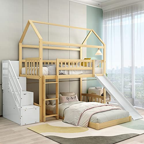 ZYLOYAL10 Kinderbett Baumhaus mit Speicherung und Rausfallschutz 90 x 200 cm, Hochbett für Kinder– 2X Lattenrost (Natur & Weiß - A)