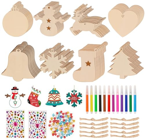 Queta Holz Weihnachtsbaumschmuck Set Kinder Holz Bastelhandwerk Christbaumschmuck Anhänger Weihnachtsbaum Deko Holzbastelsets zum Bemalen Weihnachtsdeko zum Aufhängen Jungen Mädchen DIY Handwerk