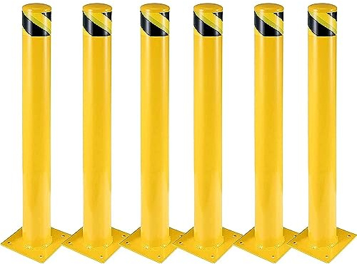 Pioneerworks Safety Bollard 6 Packs, 48 Inch Height Bollard Post, 4.5 Inch Diameter, Yellow Safety Steel Bollard Post with 24 Anchor Bolts, for Traffic Control, Driveway Barrier, Parking Pole